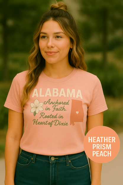 Alabama “Anchored in Faith” Southern Graphic Tee – Heart of Dixie Shirt for Women | Southern Faith Shirt | Alabama State Flower T-Shirt