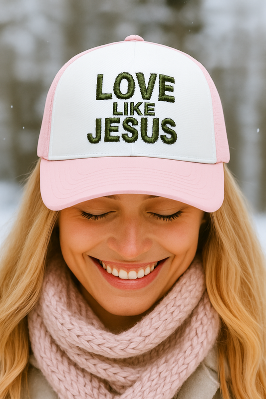 Love Like Jesus Camo Christian Trucker Hat | Faith Embroidered Baseball Cap | Rooted South Threads