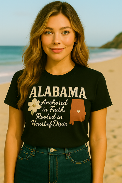 Alabama “Anchored in Faith” Southern Graphic Tee – Heart of Dixie Shirt for Women | Southern Faith Shirt | Alabama State Flower T-Shirt