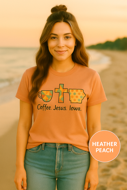 Coffee. Jesus. Iowa. Southern Faith T-Shirt | Bella Canvas | Rooted South Threads