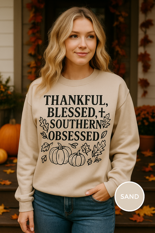 Thankful Blessed & Southern Obsessed Sweatshirt – Fall Christian Crewneck, Thanksgiving Pumpkin Sweater, Southern Girl Faith Pullover