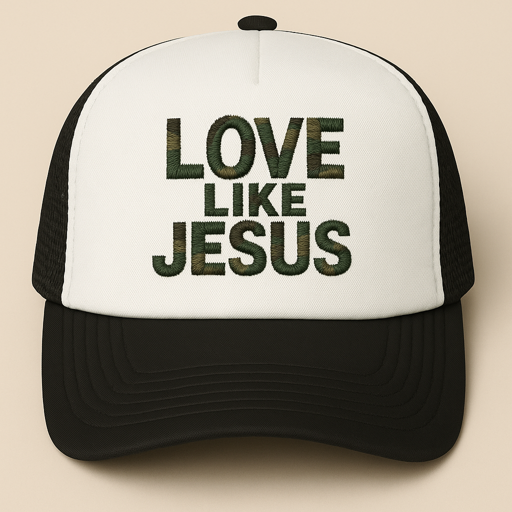 Love Like Jesus Camo Christian Trucker Hat | Faith Embroidered Baseball Cap | Rooted South Threads