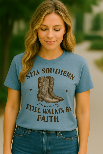 Still Southern Walkin’ By Faith Tee – Cowboy Boots Christian Shirt