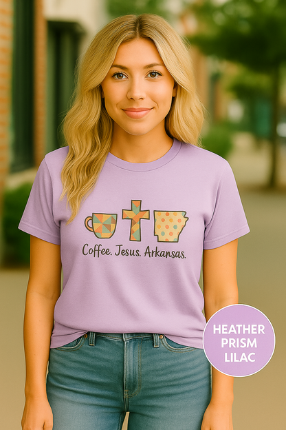 Coffee. Jesus. Arkansas. Southern Faith T-Shirt | Bella Canvas | Rooted South Threads
