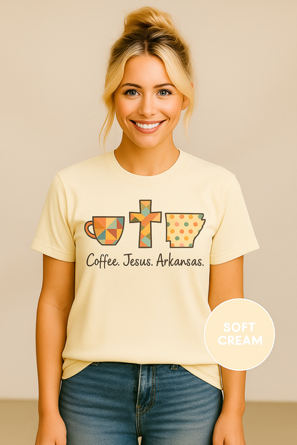 Coffee. Jesus. Arkansas. Southern Faith T-Shirt | Bella Canvas | Rooted South Threads